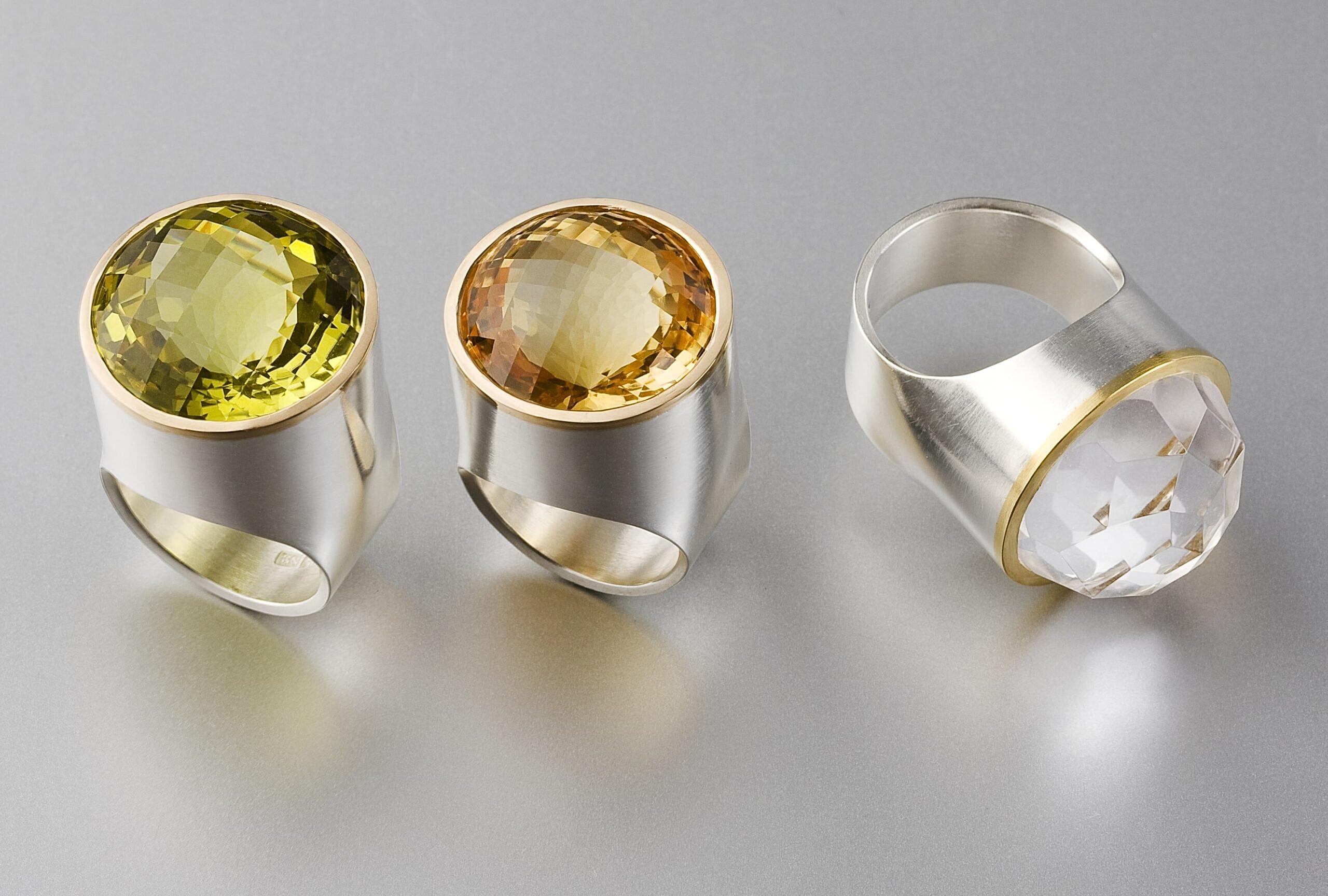 Ringar, ”Skolring”, silver, guld, berg- kristall, citrin och lemonkvarts.