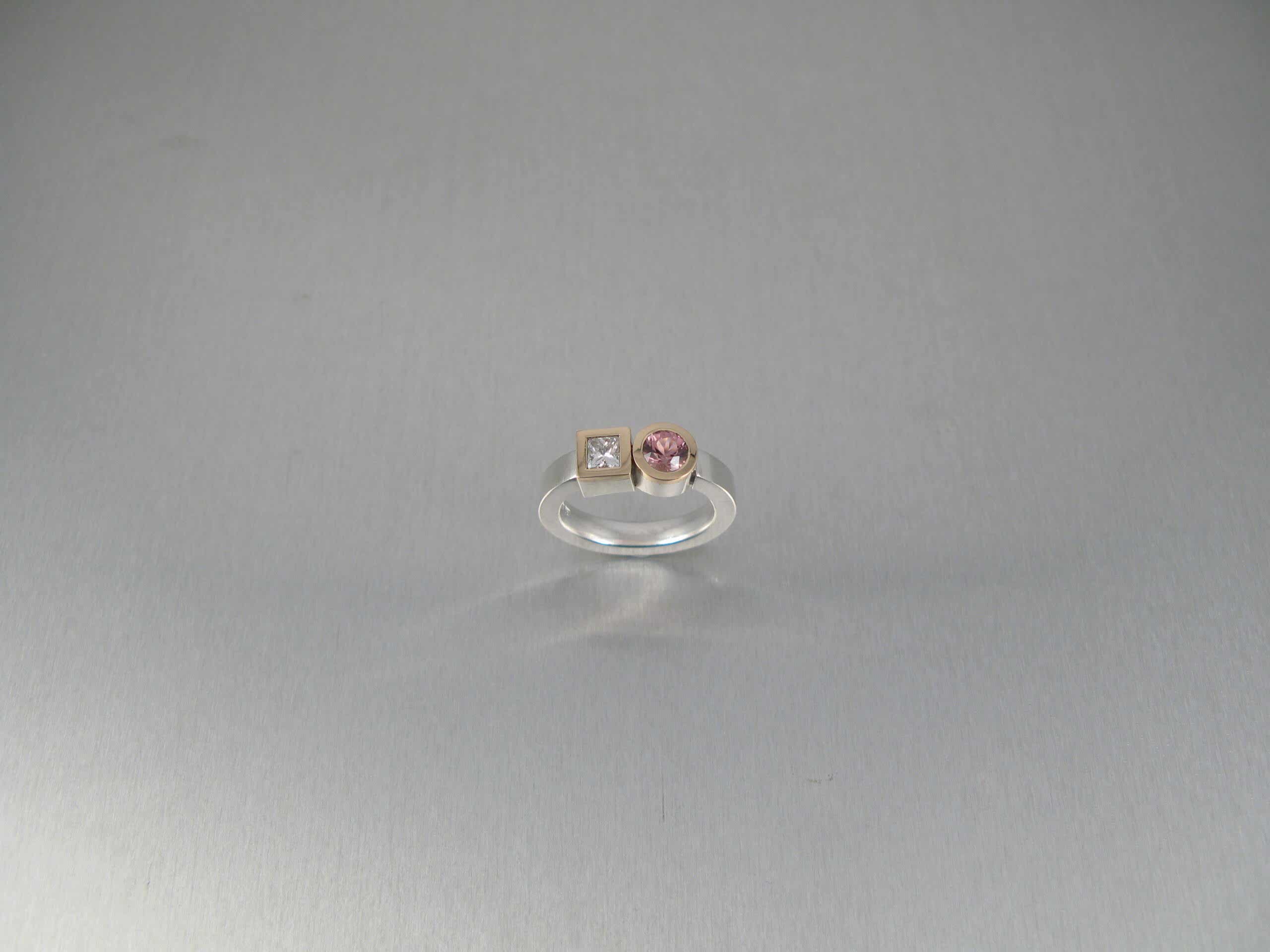 Ringar, silver, guld, princesslipad diamant och rosa turmalin